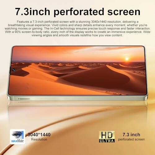 Téléphone avec écran perforé de 7,3 pouces affichant un paysage désertique.