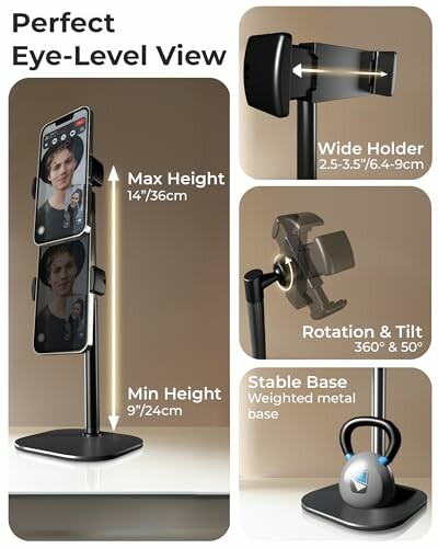 Support de téléphone réglable avec rotation et inclinaison.