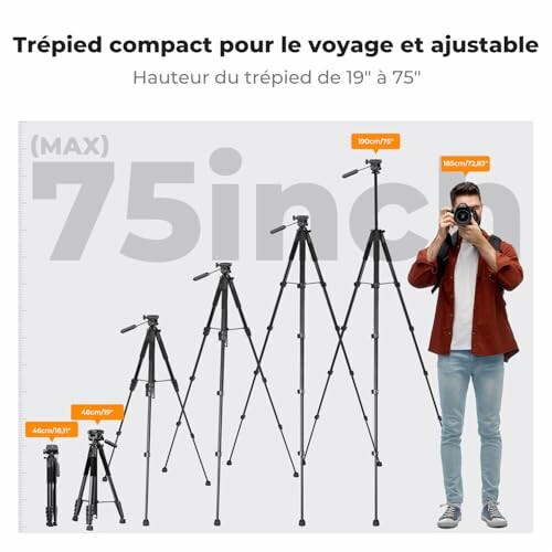 Trépied compact réglable pour le voyage avec différentes hauteurs.