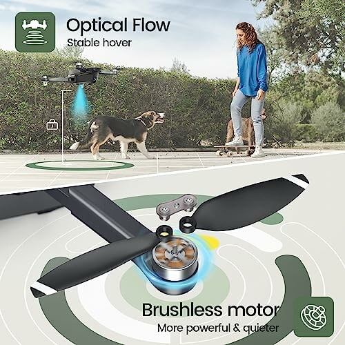 Drone volant avec moteur sans balai et suivi optique, femme et chien en arrière-plan.