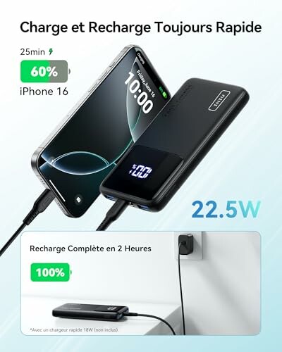 Chargeur rapide pour iPhone 16, 60% en 25 minutes.