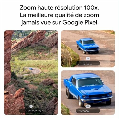Fonction de zoom 100x sur Google Pixel montrant une voiture bleue.
