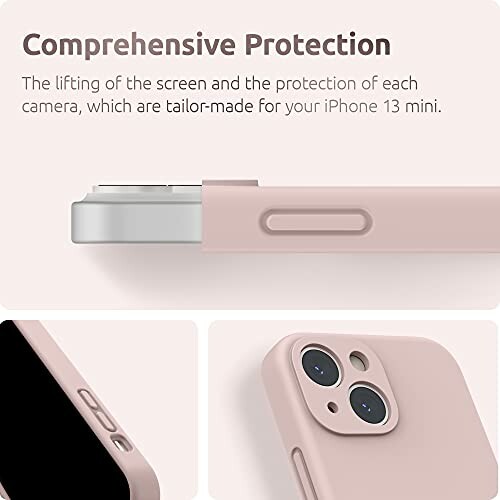 Coque rose pour iPhone 13 mini montrant protection de l'écran et des caméras.