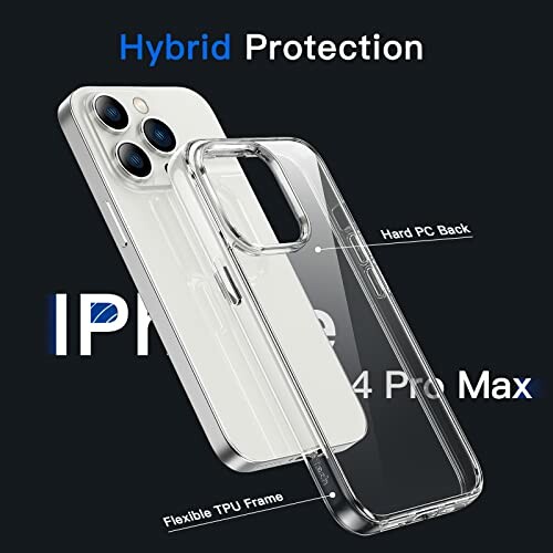 Coque transparente pour iPhone 14 Pro Max montrant la protection hybride.