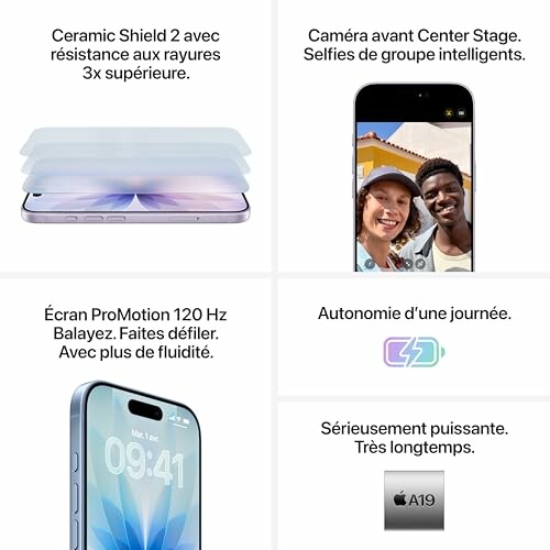 Caractéristiques de l'iPhone, y compris Ceramic Shield, écran ProMotion, autonomie, et caméra avant.