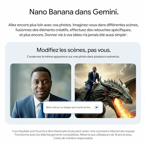 Publicité pour Nano Banana dans Gemini avec exemple de retouche photo et dragon.