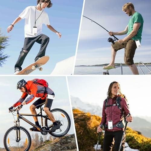 Personnes faisant du skateboard, de la pêche, du vélo et de la randonnée.
