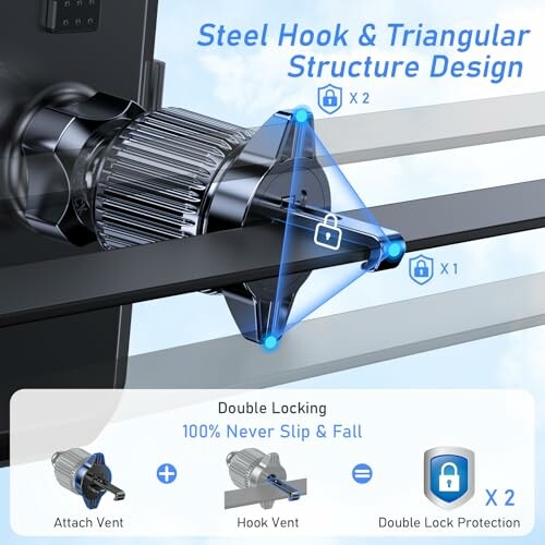 Conception de crochet en acier et structure triangulaire pour support de téléphone, avec double verrouillage.