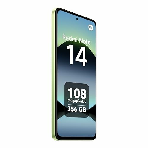 Smartphone Redmi Note 14 avec écran affichant 108 mégapixels et 256 Go.