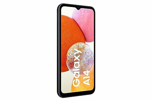 Smartphone Samsung Galaxy A14 avec écran coloré.