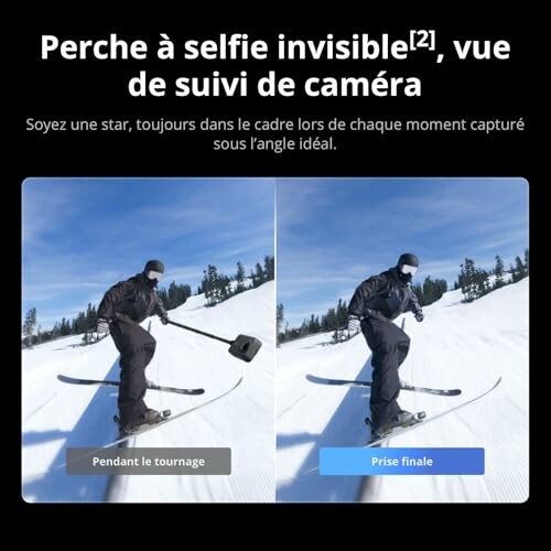 Skieur utilisant une perche à selfie invisible pour filmer.