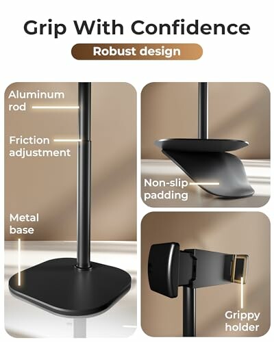 Support de tablette robuste avec tige en aluminium et base en métal.