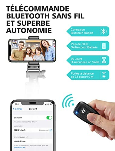 Télécommande Bluetooth pour selfies avec autonomie prolongée.