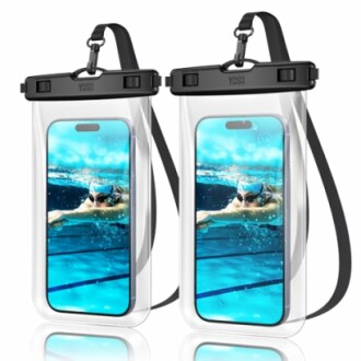 Deux pochettes étanches pour téléphone avec des images de natation.